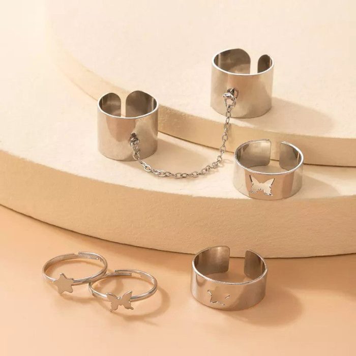 Set of 6 Silver-Plated Adjustable Finger Ring For Women - VAIRAVI