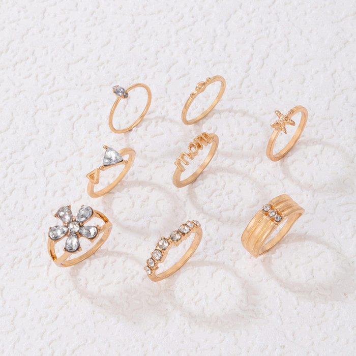 Women Set of 8 Gold Plated Adjustable Mom Floral Finger Ring - VAIRAVI