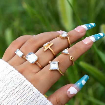 Gold Plated Stone Studded Contemporary Stackable Rings Set of 6 - VAIRAVI
