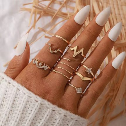 Gold Plated Set of 8 Heartbeat inspired Contemporary Stackable Rings Set For Women and Girls - VAIRAVI