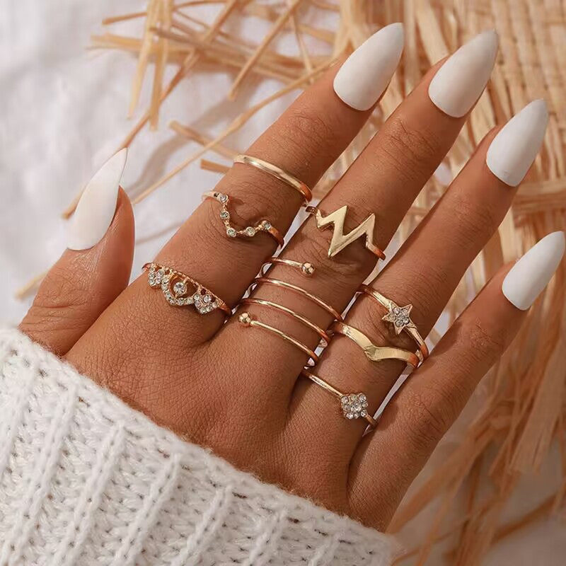 Gold Plated Set of 8 Heartbeat inspired Contemporary Stackable Rings Set For Women and Girls - VAIRAVI Gold Plated Set of 8 Heartbeat inspired Contemporary Stackable Rings Set For Women and Girls - VAIRAVI