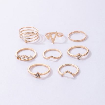 Gold Plated Set of 8 Heartbeat inspired Contemporary Stackable Rings Set For Women and Girls - VAIRAVI