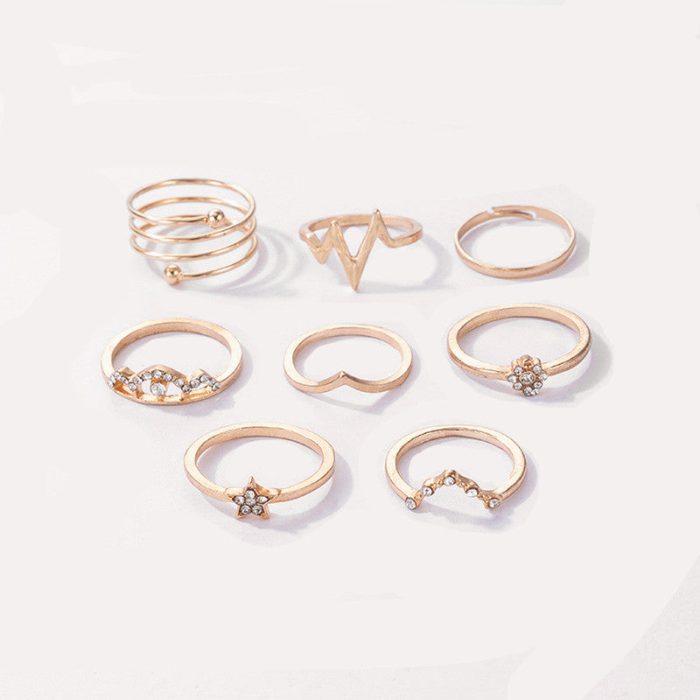 Gold Plated Set of 8 Heartbeat inspired Contemporary Stackable Rings Set For Women and Girls - VAIRAVI