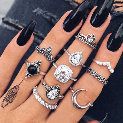 Silver Plated Set of 10 Stone studded Stackable Rings Set For Women and Girls - VAIRAVI