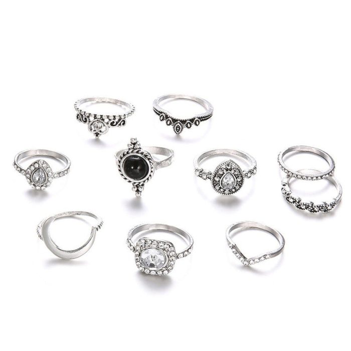 Silver Plated Set of 10 Stone studded Stackable Rings Set For Women and Girls - VAIRAVI