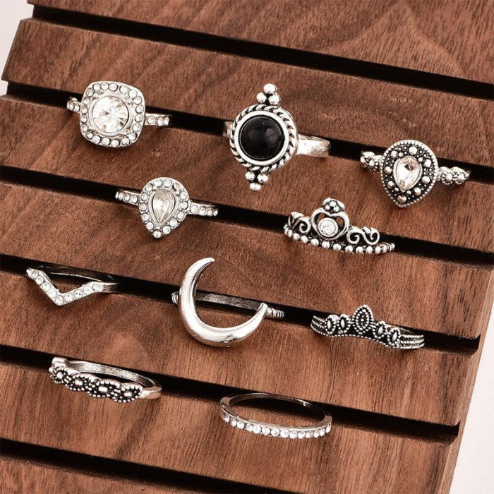 Silver Plated Set of 10 Stone studded Stackable Rings Set For Women and Girls - VAIRAVI