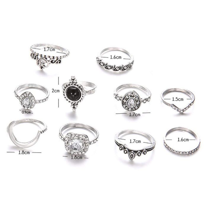 Silver Plated Set of 10 Stone studded Stackable Rings Set For Women and Girls - VAIRAVI