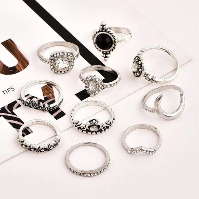Silver Plated Set of 10 Stone studded Stackable Rings Set For Women and Girls - VAIRAVI