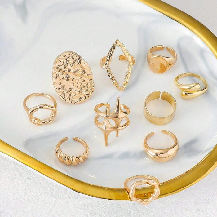 Trending Gold Plated Set of 10 Stackable Finger Rings - VAIRAVI