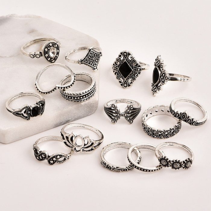 Stylish Vintage Floral Designs Silver Plushy Rings Set of 15 Mixed Sizes For Women - VAIRAVI