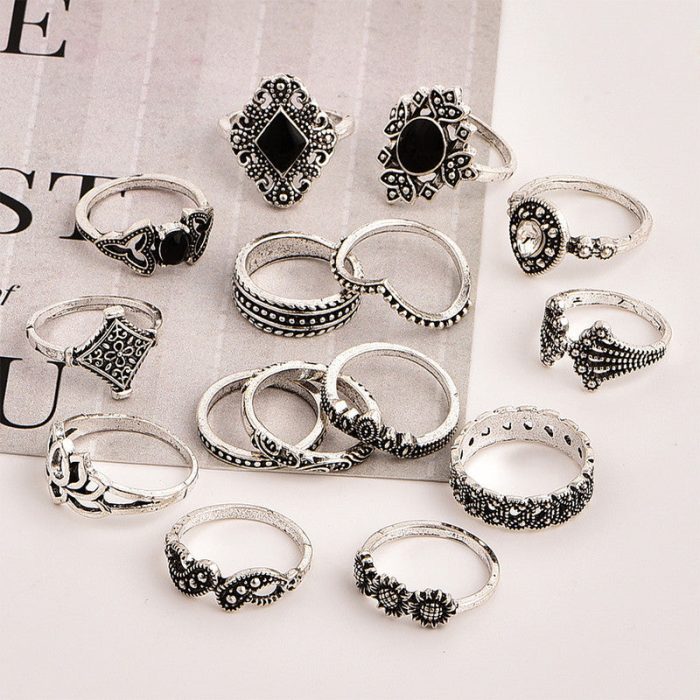 Stylish Vintage Floral Designs Silver Plushy Rings Set of 15 Mixed Sizes For Women - VAIRAVI