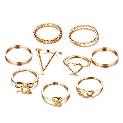 Splendid Heart Note Multi Designs Gold Plated Rings Set of 9 Mixed Sizes For Women - VAIRAVI