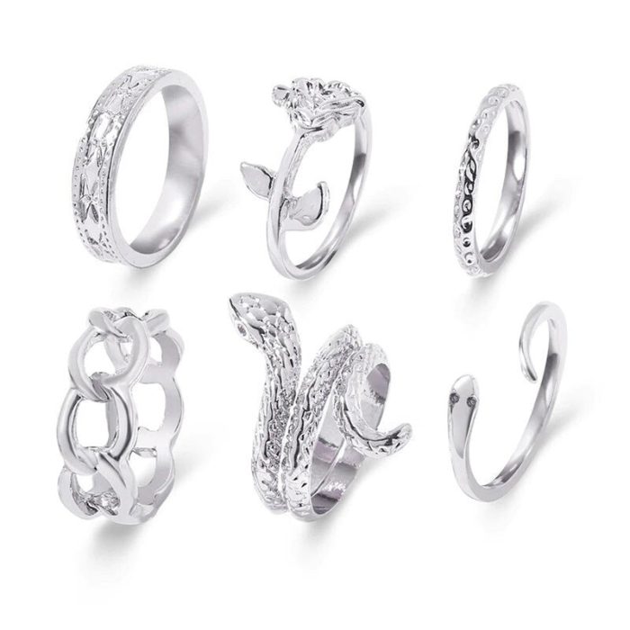 Silver Plated Snake inspired Contemporary Chain Rings Set of 6 For Women - VAIRAVI