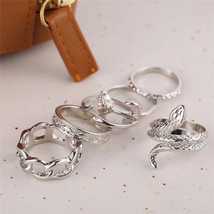 Silver Plated Snake inspired Contemporary Chain Rings Set of 6 For Women - VAIRAVI