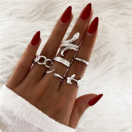 Silver Plated Snake inspired Contemporary Chain Rings Set of 6 For Women - VAIRAVI