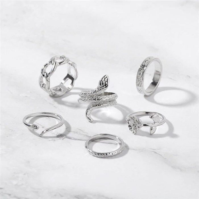Silver Plated Snake inspired Contemporary Chain Rings Set of 6 For Women - VAIRAVI