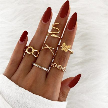 Gold Plated Snake inspired Contemporary Chain Rings Set of 6 For Women - VAIRAVI