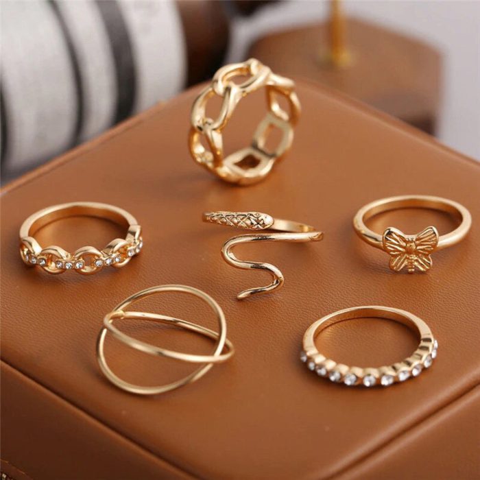 Gold Plated Snake inspired Contemporary Chain Rings Set of 6 For Women - VAIRAVI