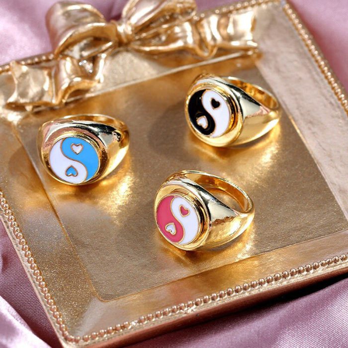 Gold Plated Multicolour Yin Yang Rings Set of 3 For Women - VAIRAVI