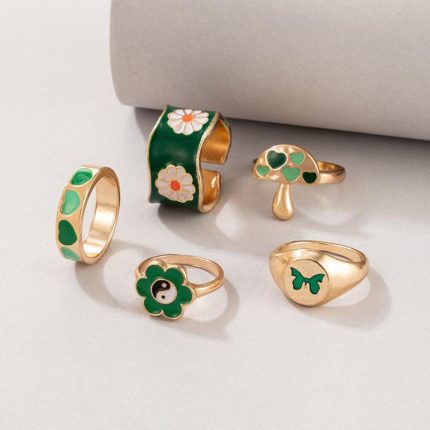 Gold Plated Green Rings Set of 5 For Women - VAIRAVI