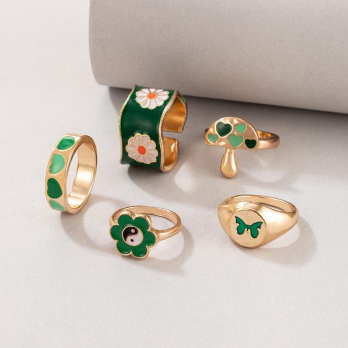 Gold Plated Green Rings Set of 5 For Women - VAIRAVI