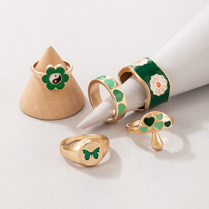 Gold Plated Green Rings Set of 5 For Women - VAIRAVI