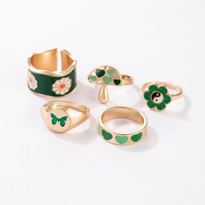 Gold Plated Green Rings Set of 5 For Women - VAIRAVI