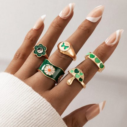 Gold Plated Green Rings Set of 5 For Women - VAIRAVI