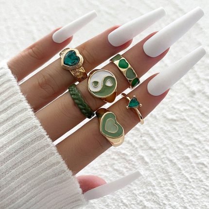 Gold Plated Green Stackable Rings Set of 6 For Women - VAIRAVI