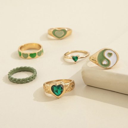 Gold Plated Green Stackable Rings Set of 6 For Women - VAIRAVI