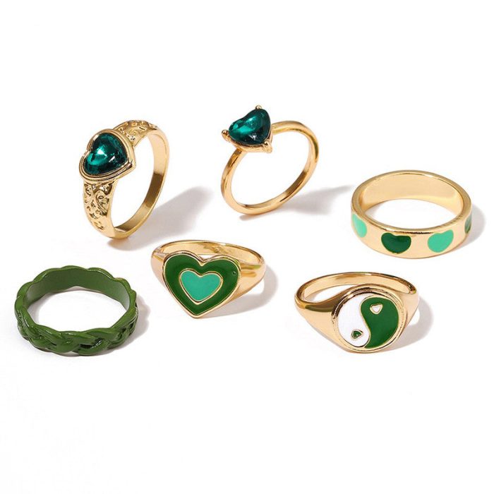 Gold Plated Green Stackable Rings Set of 6 For Women - VAIRAVI