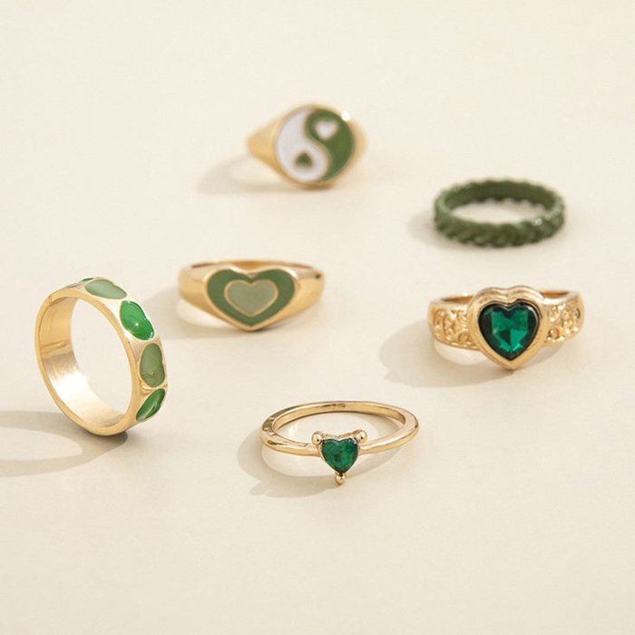 Gold Plated Green Stackable Rings Set of 6 For Women - VAIRAVI