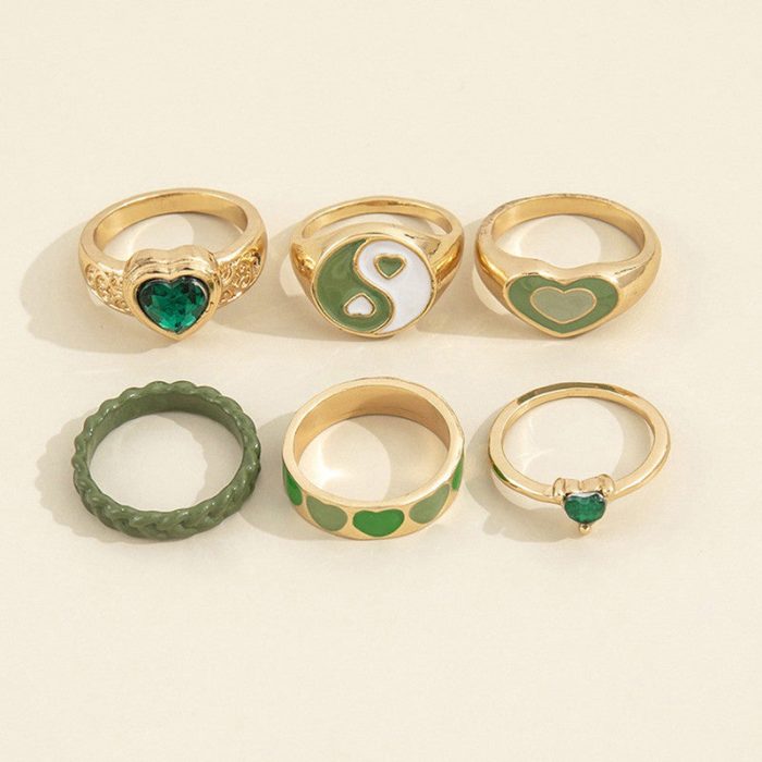 Gold Plated Green Stackable Rings Set of 6 For Women - VAIRAVI