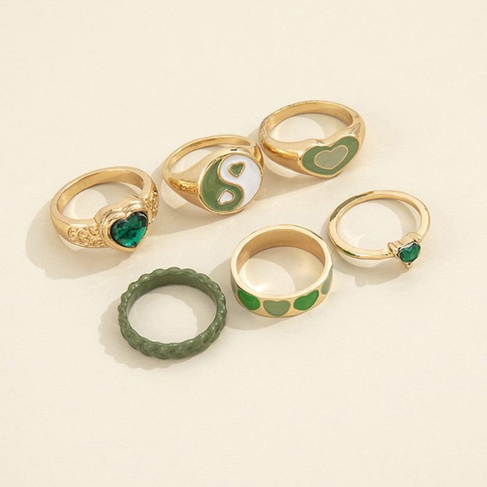 Gold Plated Green Stackable Rings Set of 6 For Women - VAIRAVI
