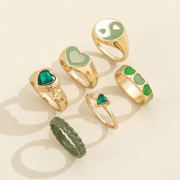 Gold Plated Green Stackable Rings Set of 6 For Women - VAIRAVI