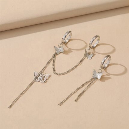 Silver Plated Silver Toned Butterfly Inspired Chain Rings Set of 2 For Women - VAIRAVI