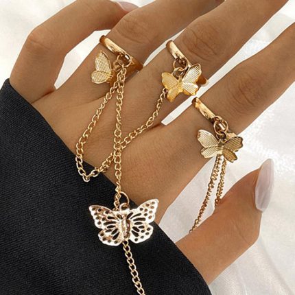Gold Plated Gold Toned Butterfly Inspired Chain Rings Set of 2 For Women - VAIRAVI