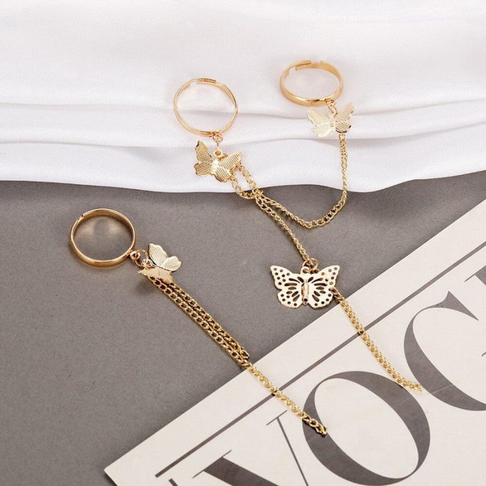 Gold Plated Gold Toned Butterfly Inspired Chain Rings Set of 2 For Women - VAIRAVI