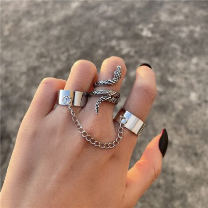Silver Plated Snake inspired Contemporary Chain Rings Set of 2 For Women - VAIRAVI