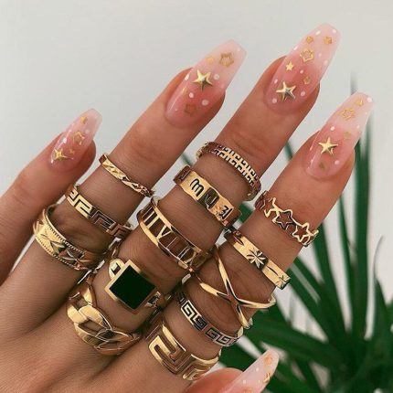 Gold Plated Contemporary Stackable Rings Set of 13 - VAIRAVI