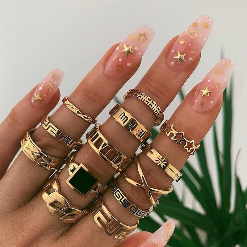 Gold Plated Contemporary Stackable Rings Set of 13 - VAIRAVI Gold Plated Contemporary Stackable Rings Set of 13 - VAIRAVI
