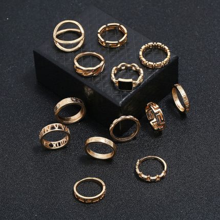 Gold Plated Contemporary Stackable Rings Set of 13 - VAIRAVI