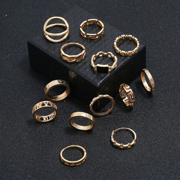 Gold Plated Contemporary Stackable Rings Set of 13 - VAIRAVI