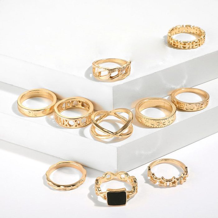 Gold Plated Contemporary Stackable Rings Set of 13 - VAIRAVI