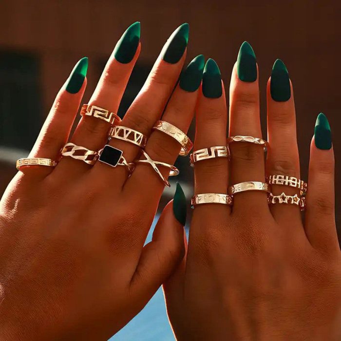 Gold Plated Contemporary Stackable Rings Set of 13 - VAIRAVI