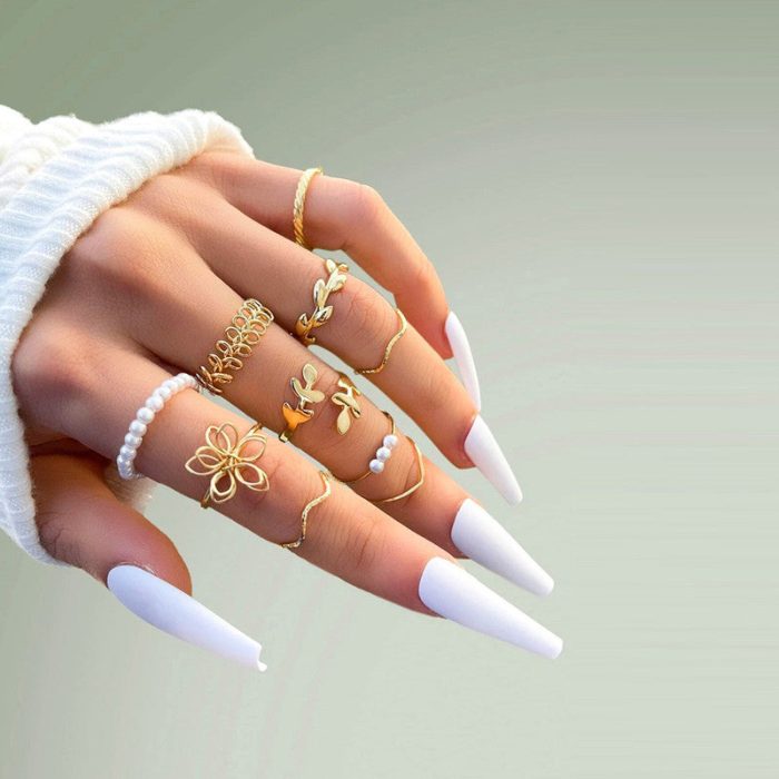 Women Set of 10 Gold Plated Adjustable Floral Finger Ring - VAIRAVI