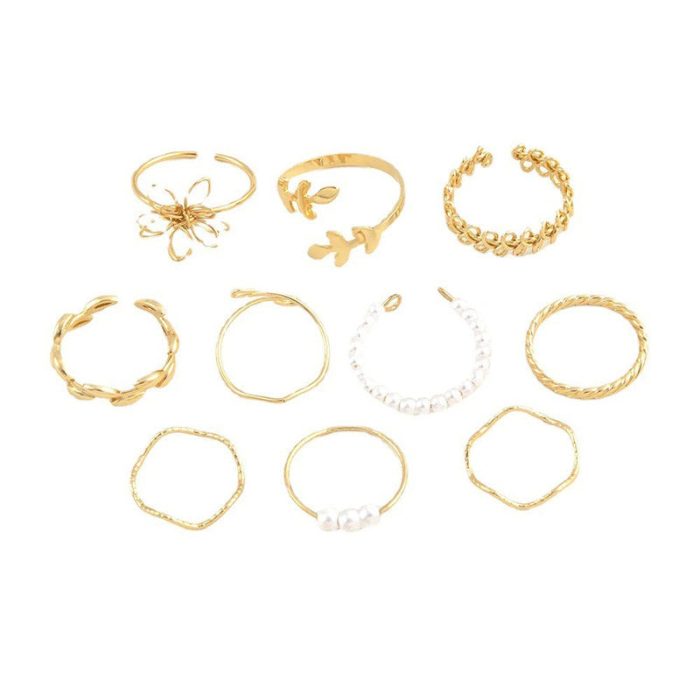 Women Set of 10 Gold Plated Adjustable Floral Finger Ring - VAIRAVI