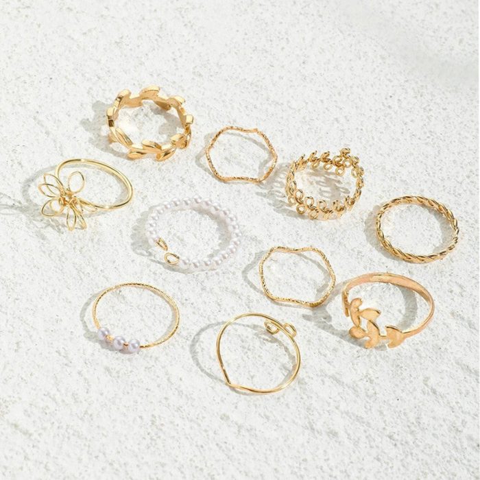 Women Set of 10 Gold Plated Adjustable Floral Finger Ring - VAIRAVI