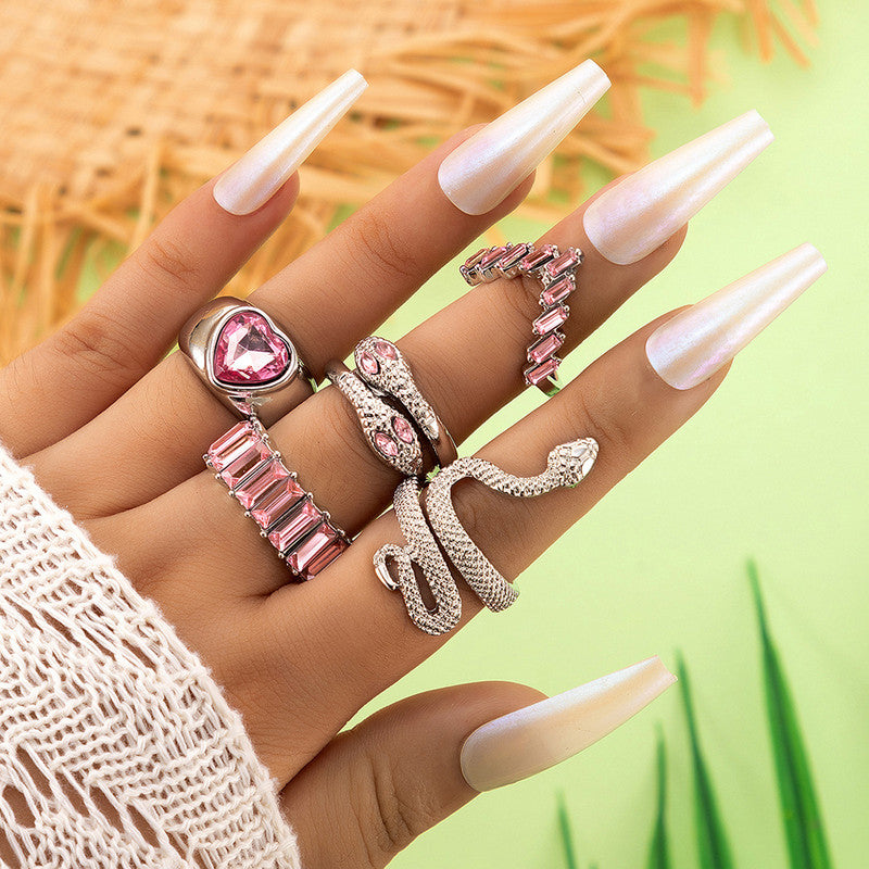 Silver Plated Pink Stone Studded Heart-Snake Inspired Stackable Rings Set of 5 - VAIRAVI Silver Plated Pink Stone Studded Heart-Snake Inspired Stackable Rings Set of 5 - VAIRAVI