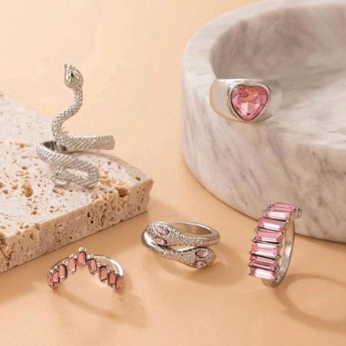 Silver Plated Pink Stone Studded Heart-Snake Inspired Stackable Rings Set of 5 - VAIRAVI